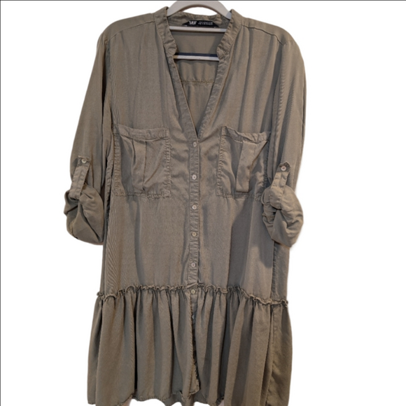 Zara Mini Dress With V Neck Mandarin Collar, Khaki  ,Size Medium - Picture 2 of 6